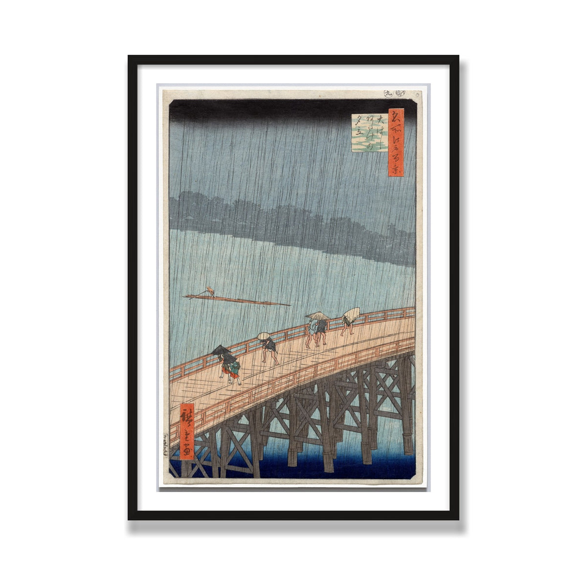 Sudden Shower over Shin-Ōhashi Bridge, 28 × 40 in, Black Oak frame