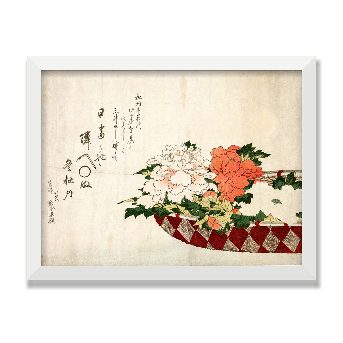 Basket of Peonies, 12 × 16 in, White Satin frame