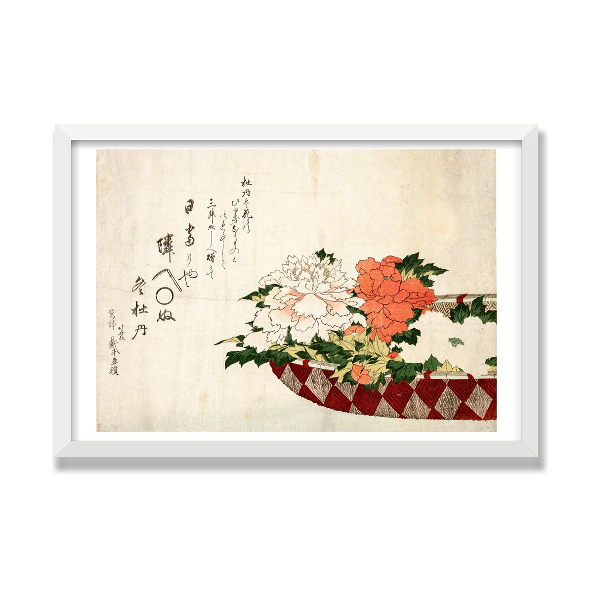 Basket of Peonies, 16 × 24 in, White Satin frame