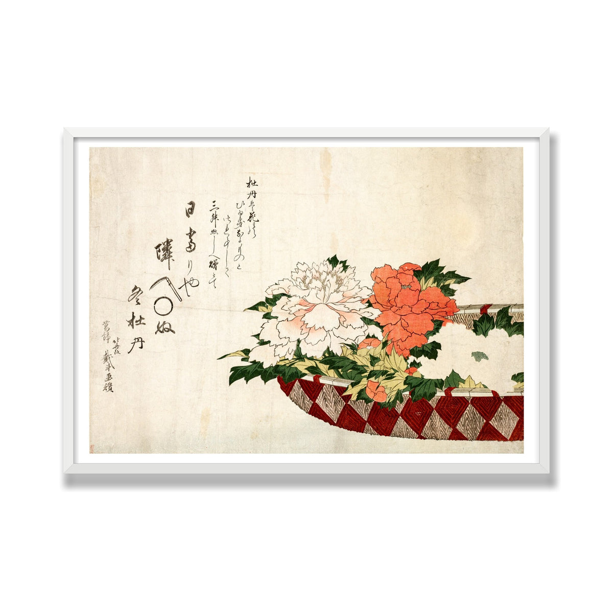 Basket of Peonies, 28 × 40 in, White Satin frame