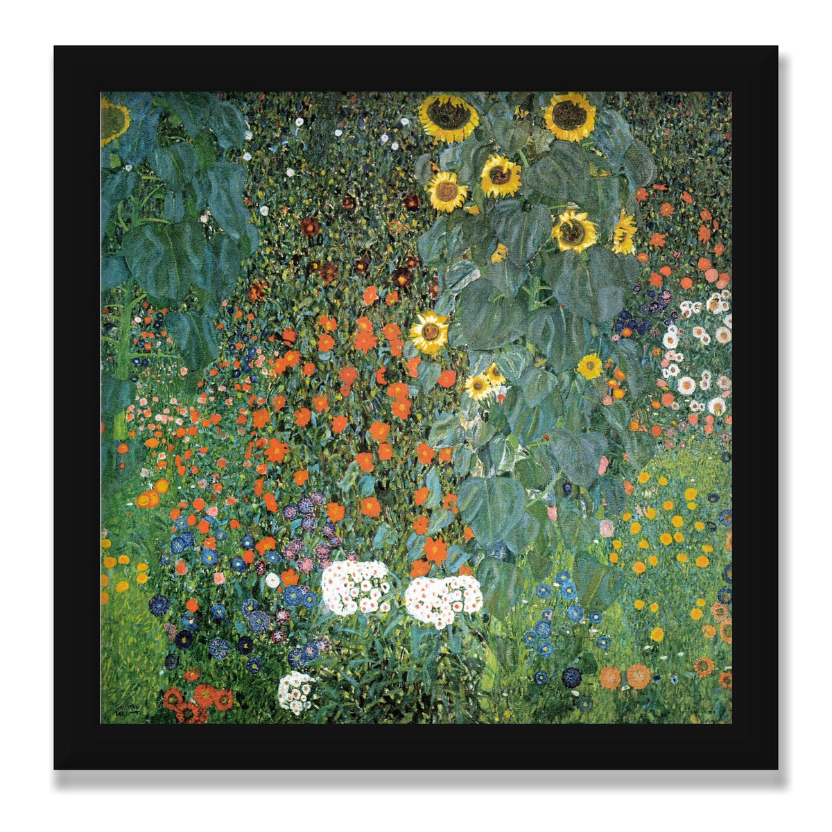 Farm Garden with Sunflowers, 12 × 12 in, Black Satin frame