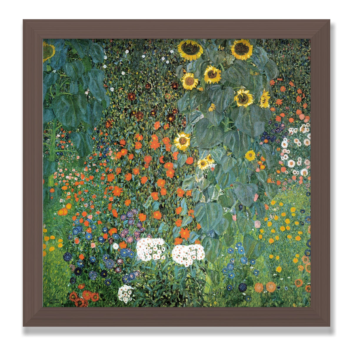 Farm Garden with Sunflowers, 12 × 12 in, Walnut frame