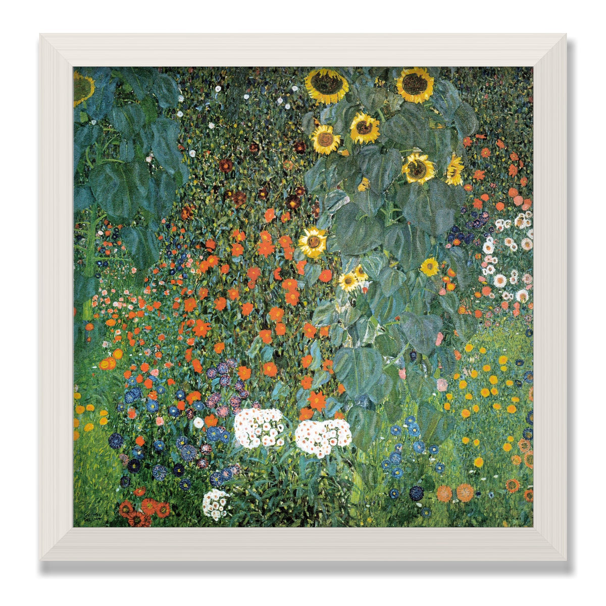 Farm Garden with Sunflowers, 12 × 12 in, White Oak frame