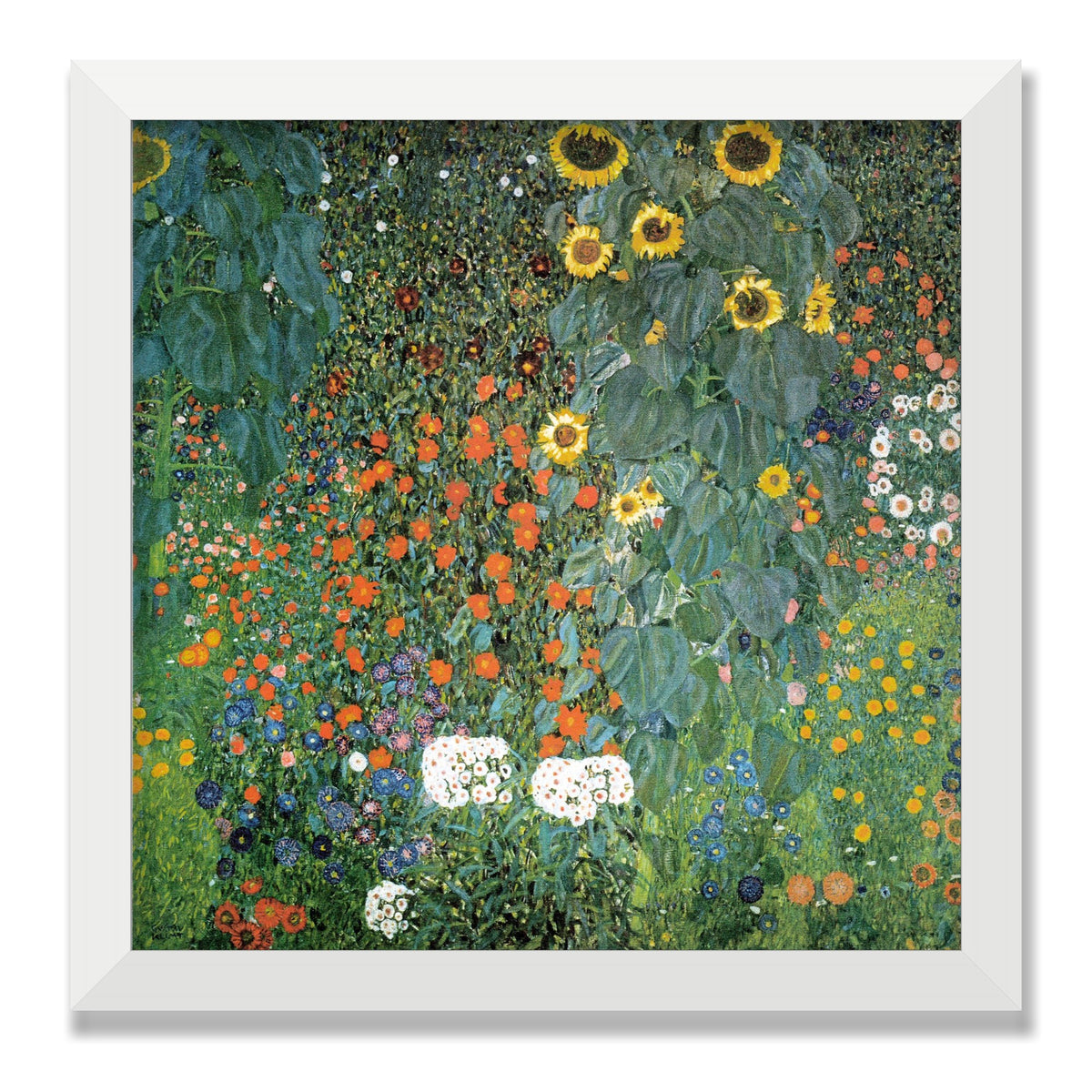 Farm Garden with Sunflowers, 12 × 12 in, White Satin frame