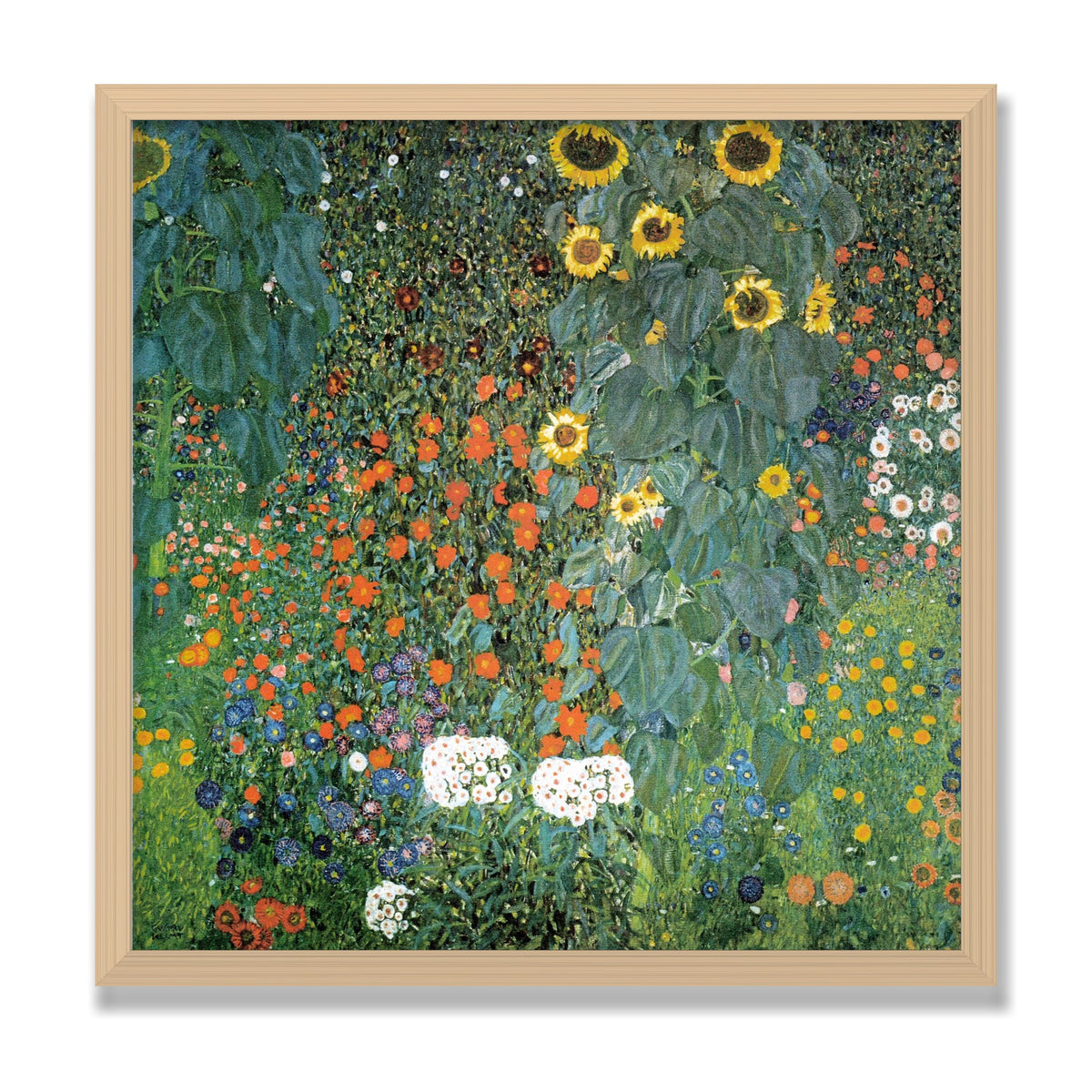 Farm Garden with Sunflowers, 20 × 20 in, Natural Oak frame