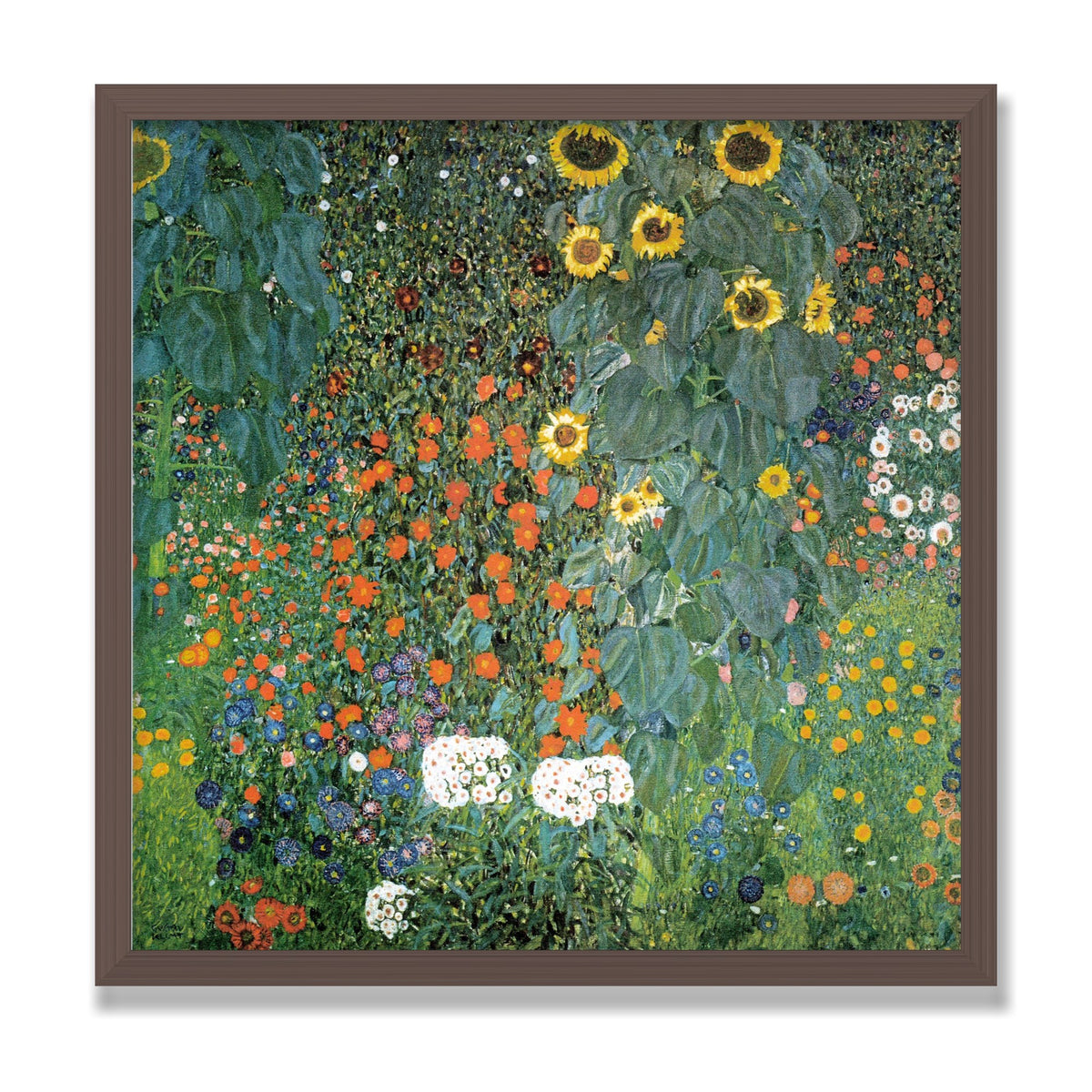 Farm Garden with Sunflowers, 20 × 20 in, Walnut frame