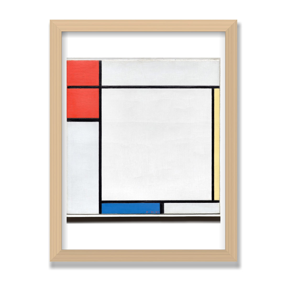 Composition with Red, Yellow, and Blue, 12 × 16 in, Natural Oak frame