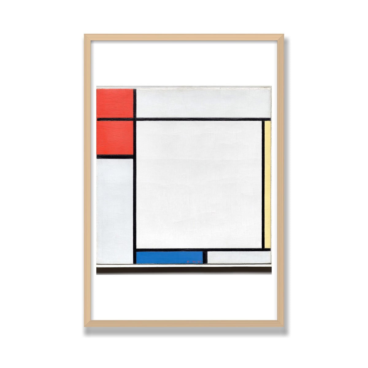 Composition with Red, Yellow, and Blue, 24 × 36 in, Natural Oak frame