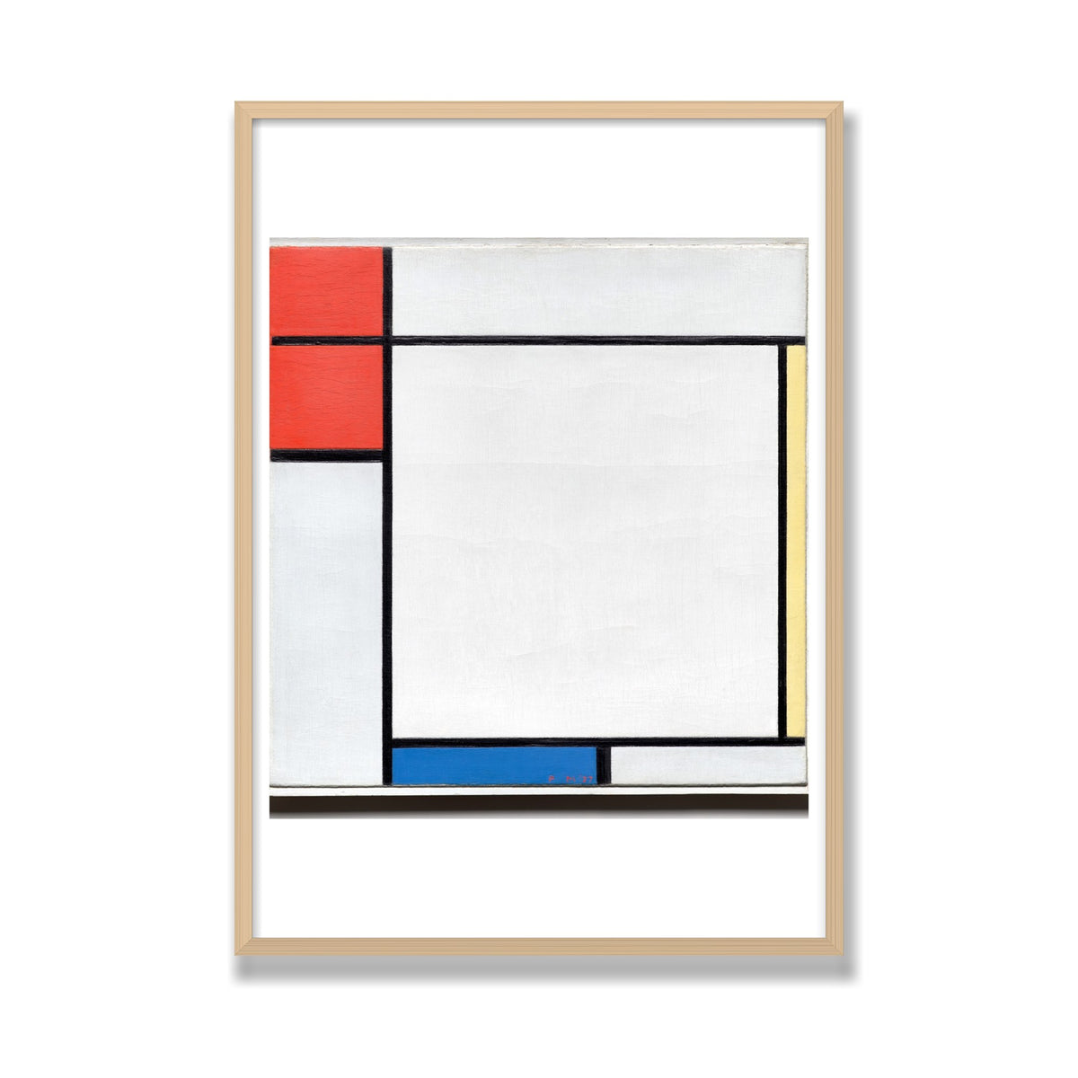 Composition with Red, Yellow, and Blue, 28 × 40 in, Natural Oak frame