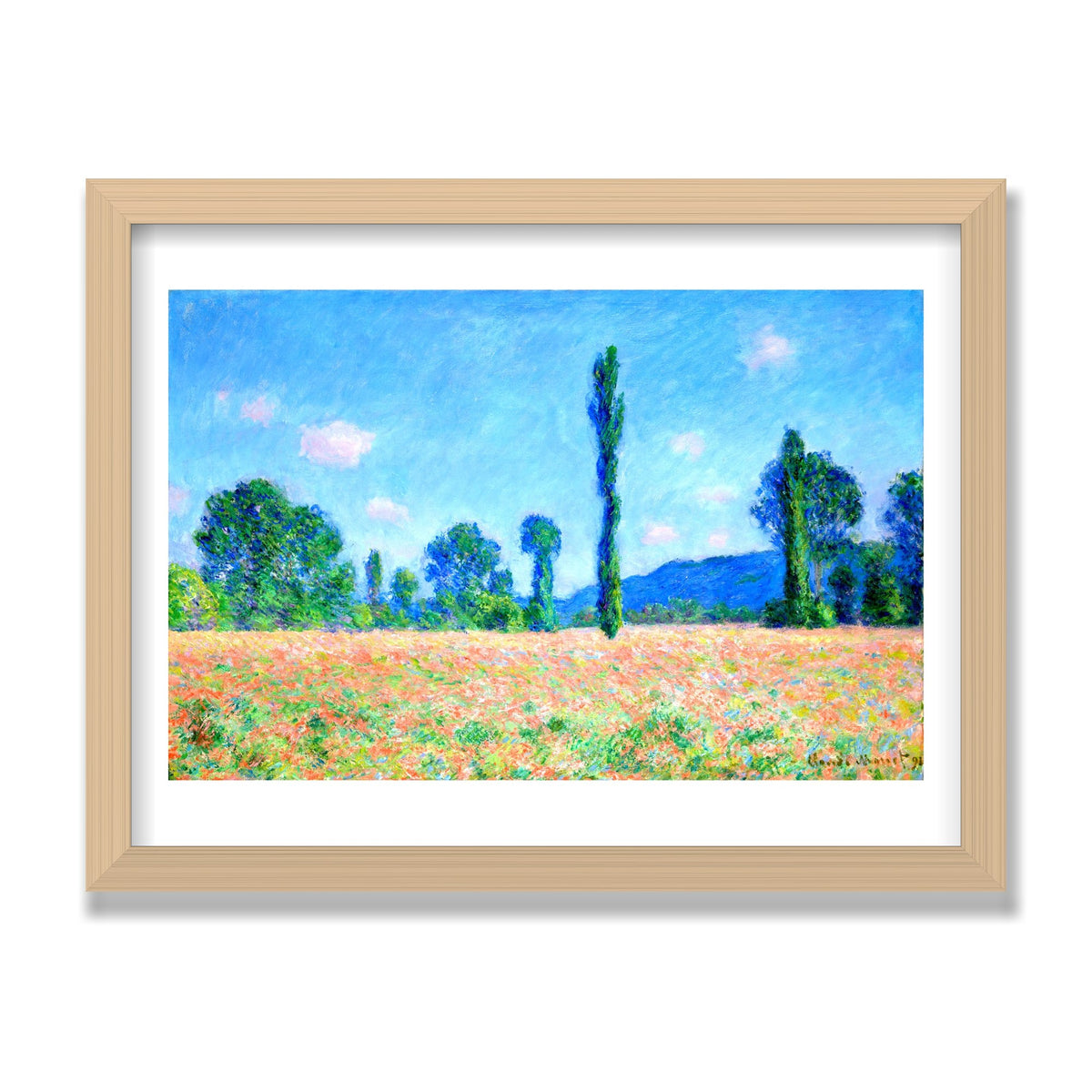 Poppy Field, Giverny, 12 × 16 in, Natural Oak frame