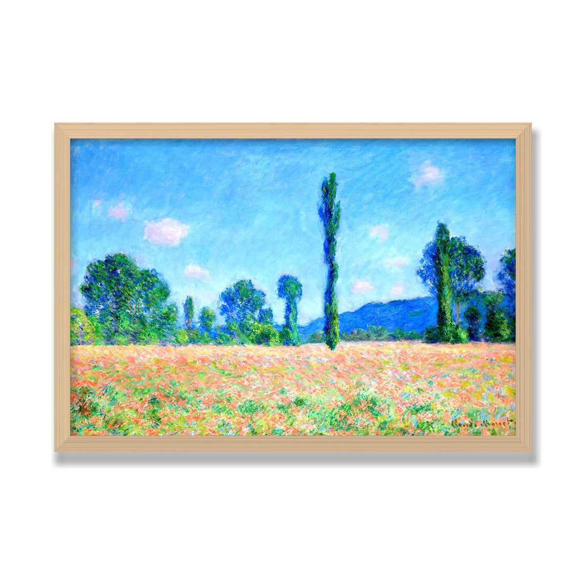 Poppy Field, Giverny, 16 × 24 in, Natural Oak frame