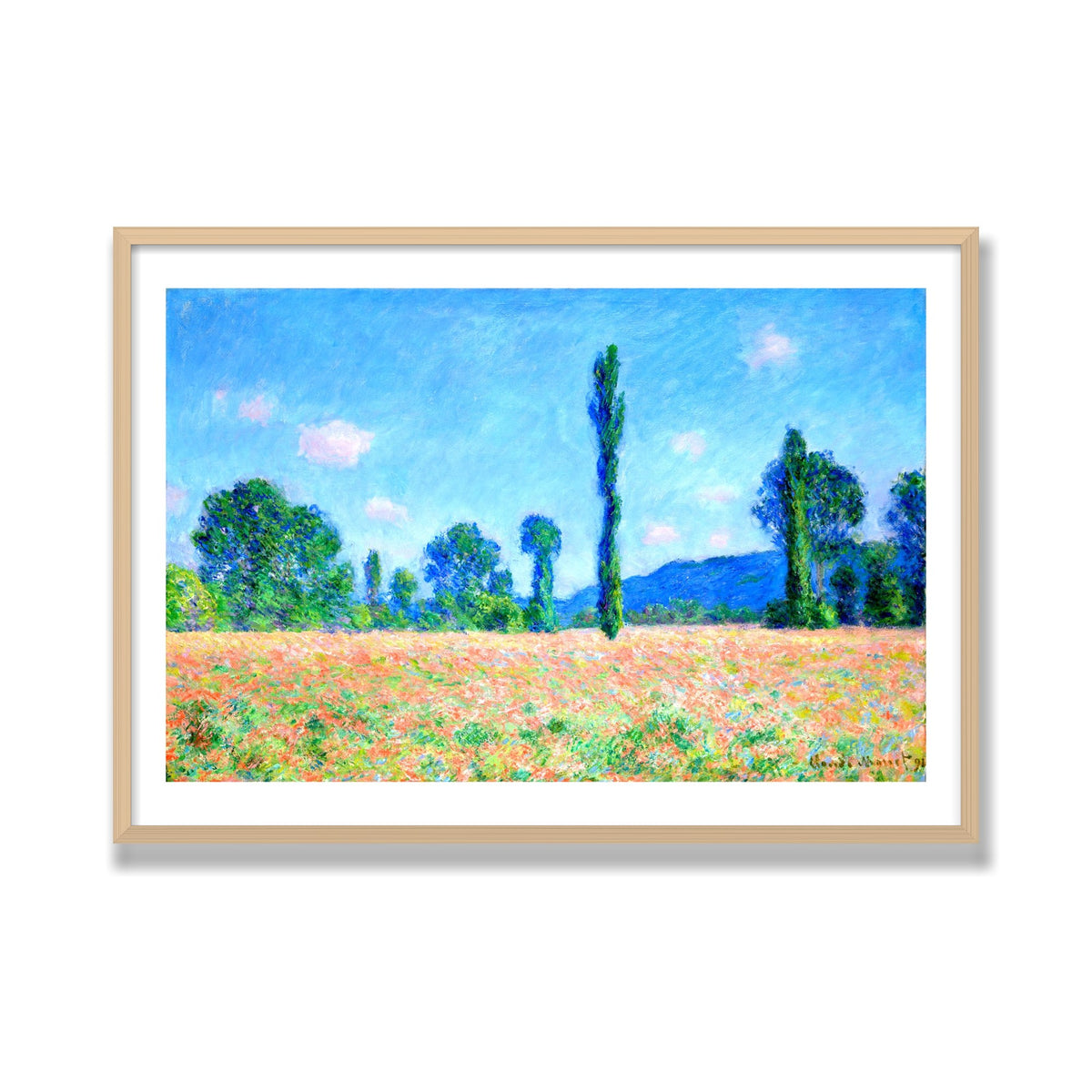 Poppy Field, Giverny, 28 × 40 in, Natural Oak frame