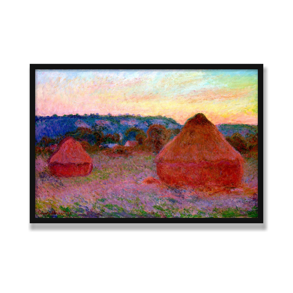 Stacks of Wheat, End of Day, 24 × 36 in, Black Satin frame