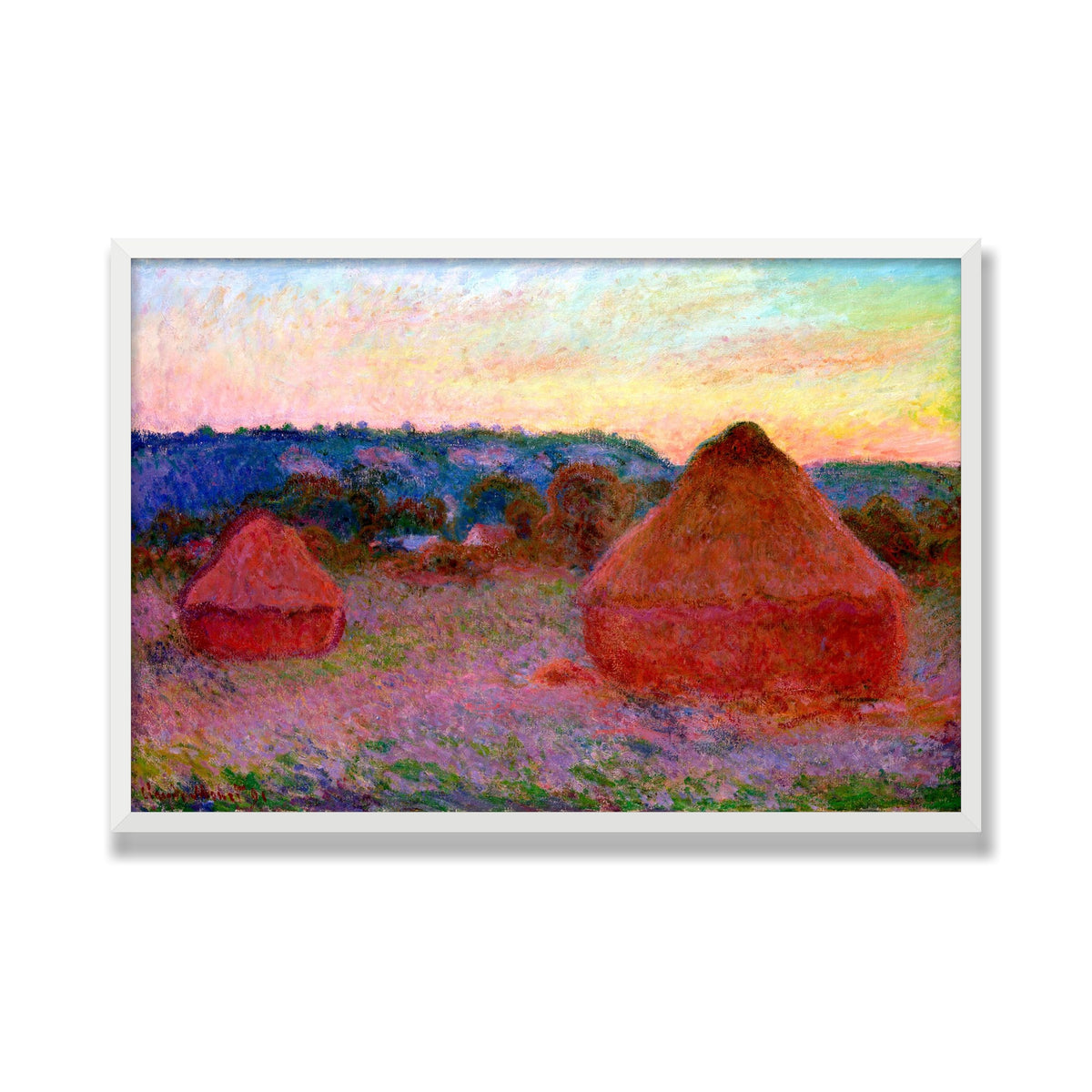 Stacks of Wheat, End of Day, 24 × 36 in, White Satin frame